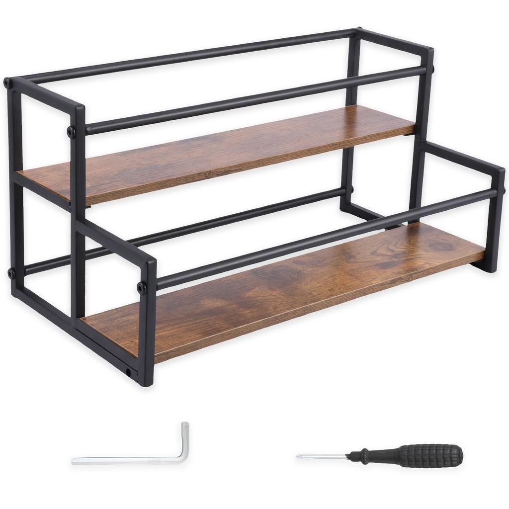 2 Tiers Coffee Syrup Bottle Stand Wine Rack Wood Vintage Kitchen Living Room Bar Syrup Wine Display Shelf