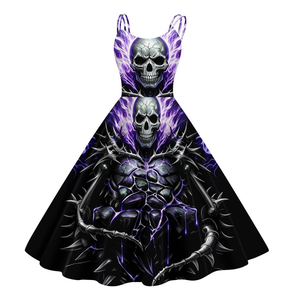 Women's Halloween Printed Off-Shoulder Spaghetti Strap Dress for Party and Costume