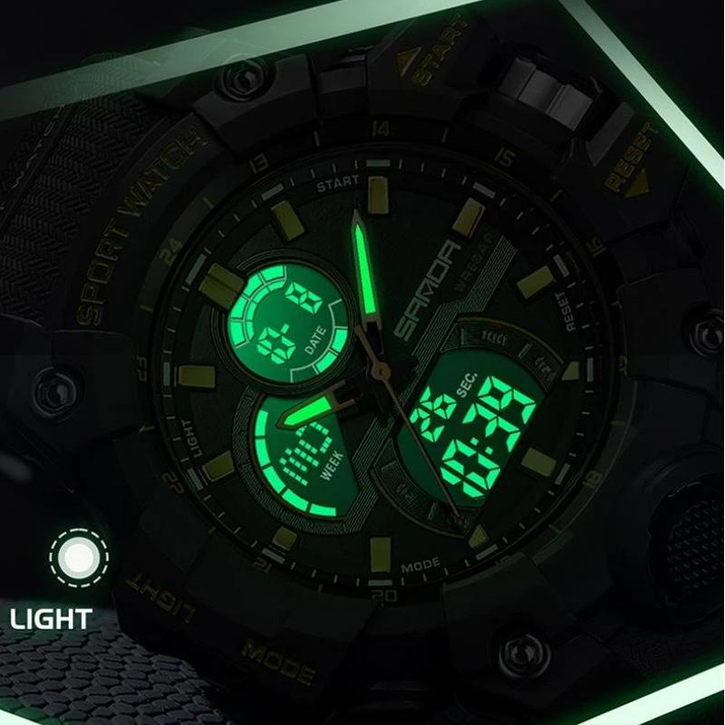 SANDA Multifunctional Military Watch for Men Dual Display Digital Waterproof Luminous Mens Wristwatches Quartz Clock Sport Watches