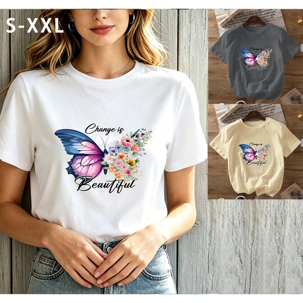 Change is Beautiful Floral Butterfly Quote T-Shirt Positive Casual Top