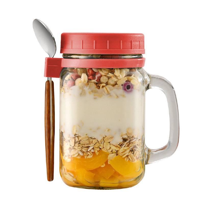 Portable 500ml Glass Oats Jar with Lid Spoon and Handle Ideal Overnight Oats Container for Quick Breakfast Storage red
