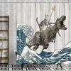Legrační kočičí sprchový závěs, cool kočičí dinosaurus japonský oceán vlnový dekor Látkové koupelnové závěsy, děti rustikální dřevěný koupelnový závěs