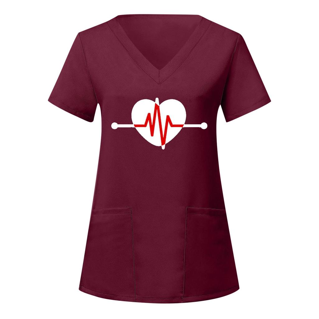 European and American Nurse Caregiver V-Neck Print Shirt with Large Pocket, Short Sleeve T-shirt for Women