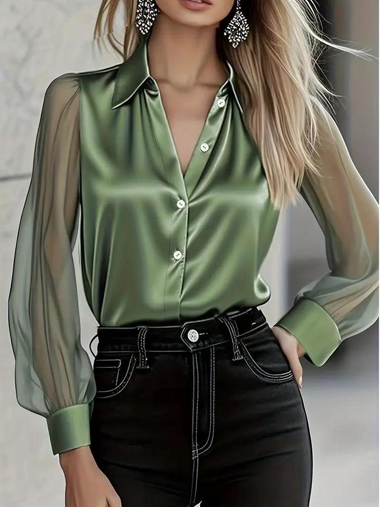 2026 European & American Satin Women's Long Sleeve Lapel Shirt - Solid Color, Stylish & Professional