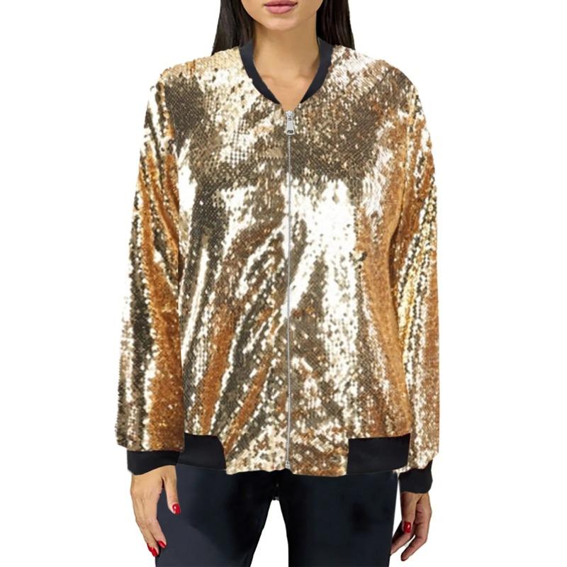 Women's Autumn Shiny Sequin Jacket Long Sleeve Front Zip Loose Coat Ribbed Cuffs Elegant Glitter Outerwear