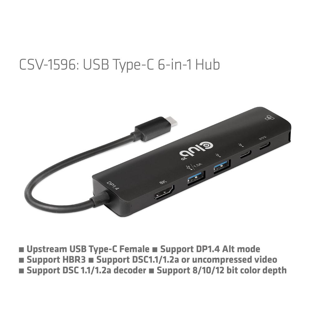 Club 3D USB Gen1 Type C Hub To HDMI 8K30Hz 4K120Hz 2x USB A RJ45 USB C 5Gbps USB C 100W 6-in-1 / / / / PD3.0 (CSV-1596)