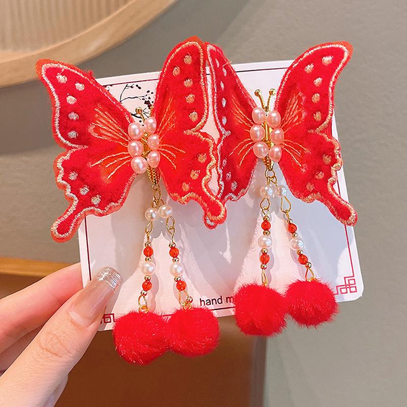 1Pair Chinese Style Hairpin  Year Children Tassels Hair Clip Cute Bow Butterfly Headwear Kawaii Red Hair Accessories Gifts