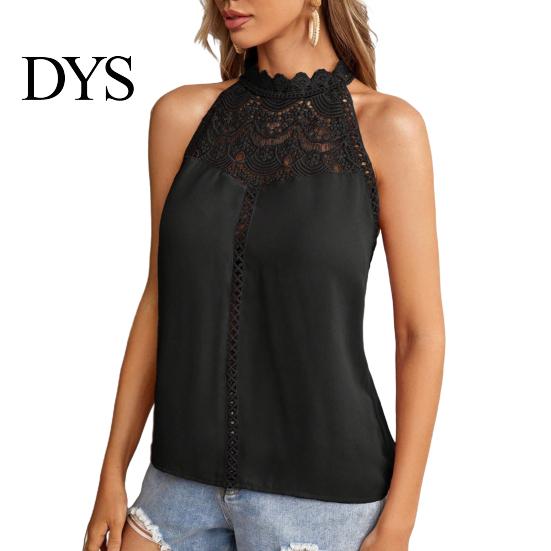 Sexy Back Button Vest Women Halter Neck Solid Color Lace Decoration Blouse Tops Hollow Stitching Casual Button-up Cami