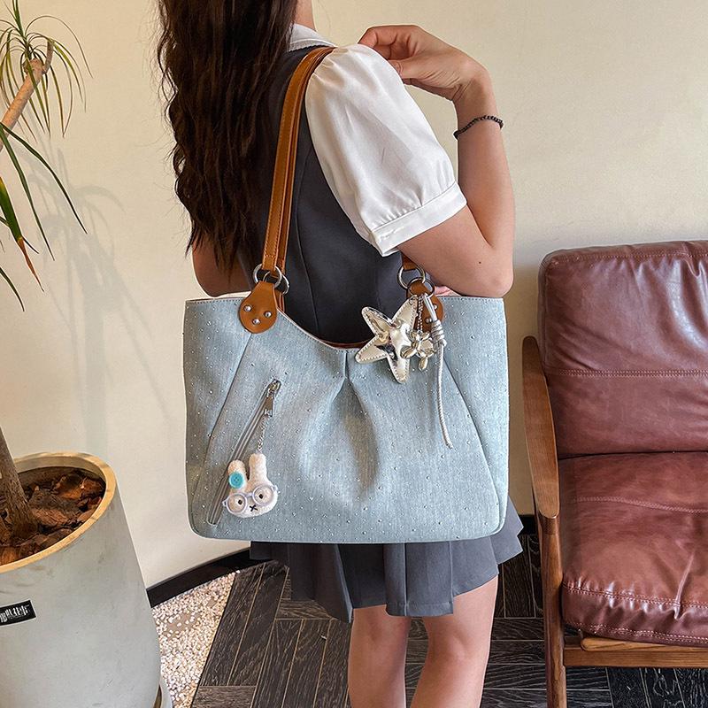 Korean Retro Polka Dot Tote Bag: Versatile, High-Capacity College Style Shoulder Handbag