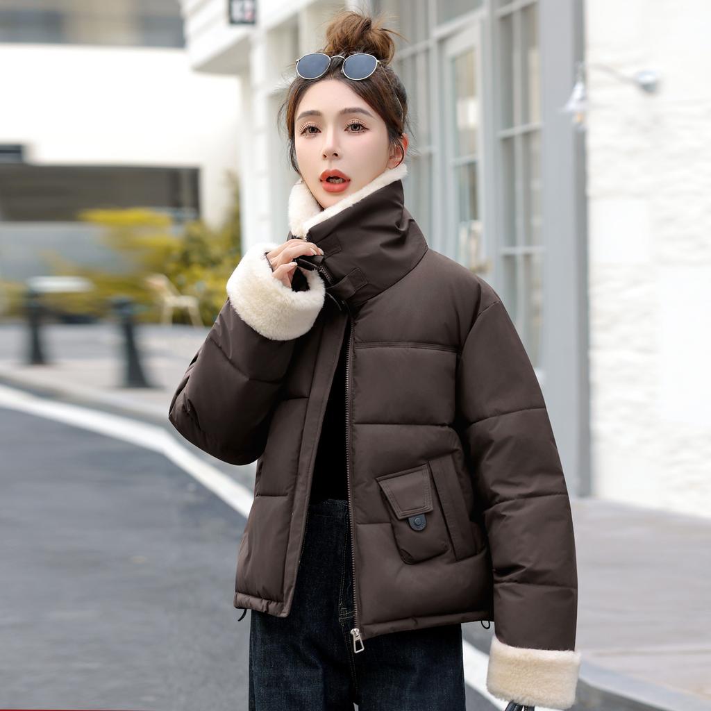 New Winter Cotton Jacket Loose Versatile Short Warm Cotton Jacket Fashionable Simple Women's Jacket Lamb Fur Collar
