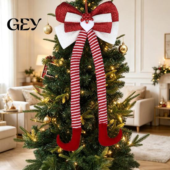 Winter Holiday Home Decoration Christmas Long Legs Bow Ornament, Plush Velvet Hanging Decor with Bendable Soft Ornaments for Xmas Tree Legs, Red White