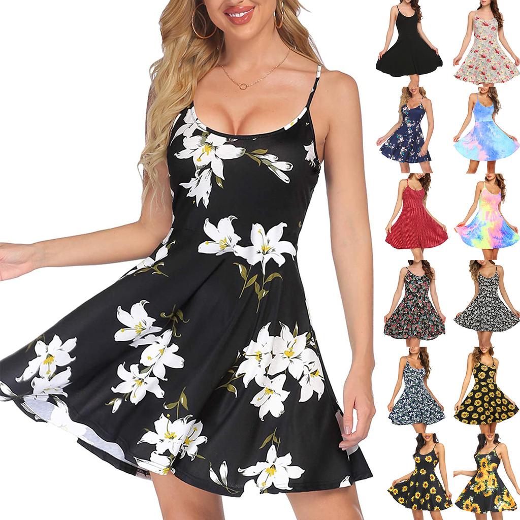 Women's Fashion Casual Sleeveless Shoulder Strap Flower Flared Dress