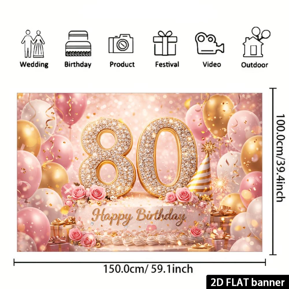 Fondo de pancarta de fiesta de 80 cumpleaños en plano 2D con número 80 incrustado con diamantes, tema de cumpleaños 80 hecho de material de poliéster