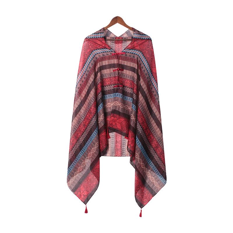 "Summer Ethnic Style Cotton-Linen Shawl: Handmade Retro Button Sunscreen Beach Cover-Up"