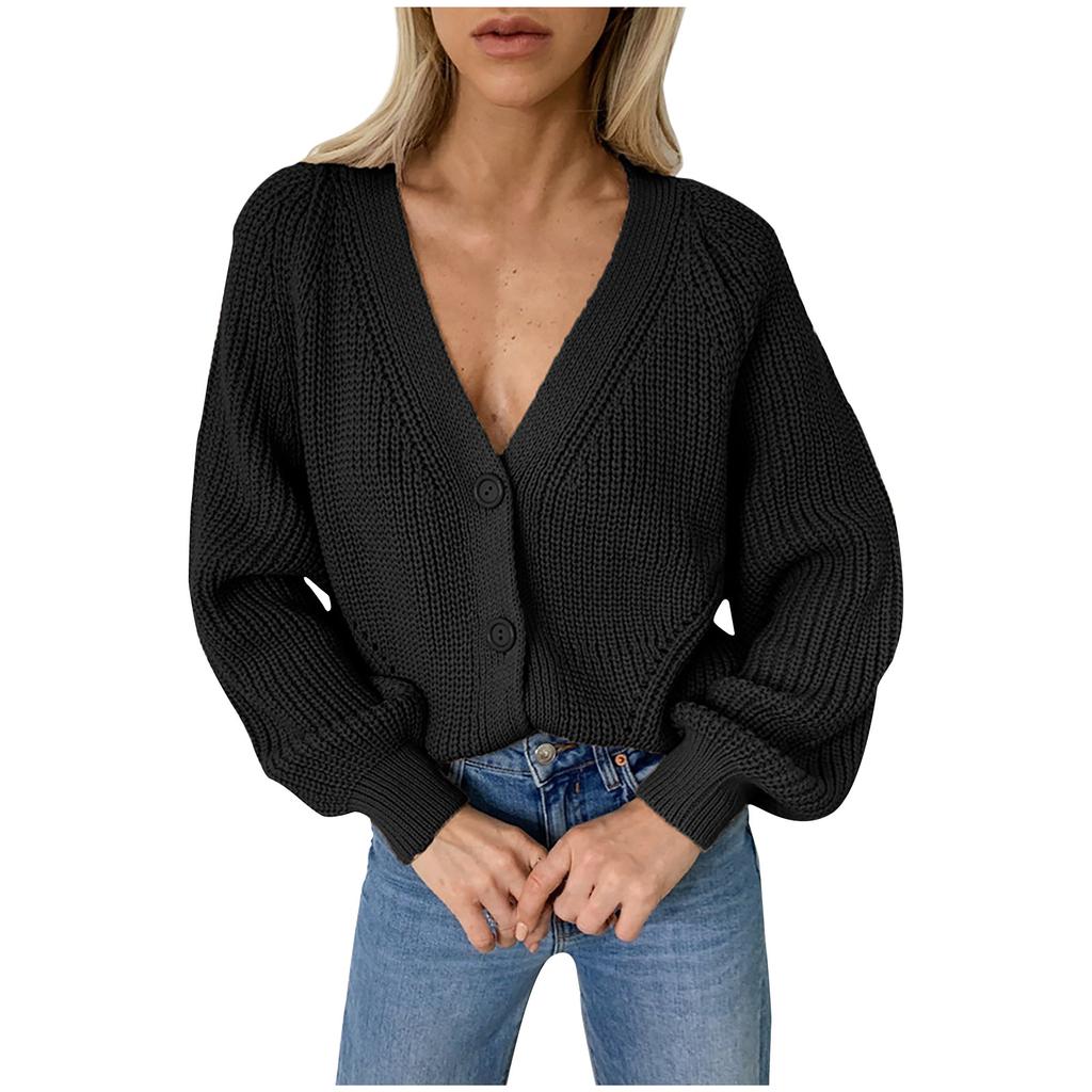 Women's   solid V-neck cardigan  SleeveButton Knit Sweater Cardigan