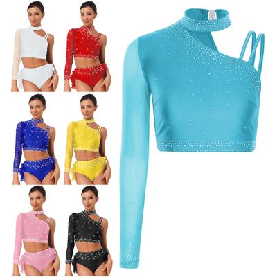 Damen Latein Tanz Crop Top Einzelner Langer Ärmel Asymmetrische Schulter Glitzerndes Strass-Top Bauchtanzkleidung