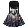 Women's Casual Vintage Dress Long Sleeve Round Neck Halloween Print A-Line Midi Dress with Waist Tie Belt Suitable for Daily Wear