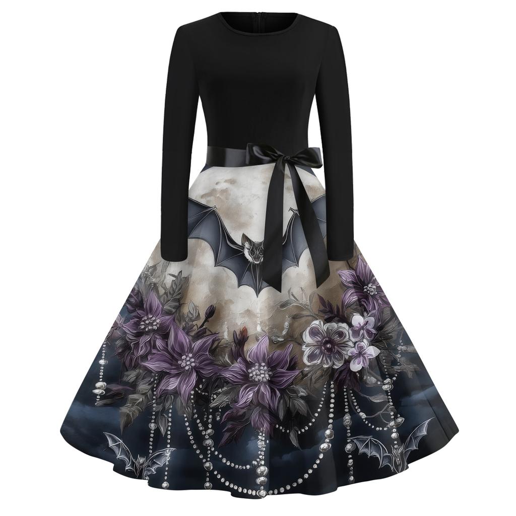 Women's Casual Vintage Dress Long Sleeve Round Neck Halloween Print A-Line Midi Dress with Waist Tie Belt Suitable for Daily Wear
