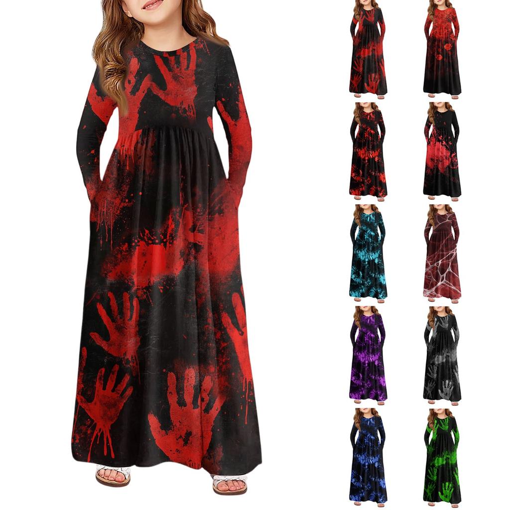 Girls' Maxi Dress Halloween Day- Long Sleeve Pocket Dress