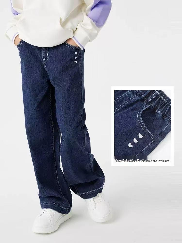 

Autumn Children s Solid Color Stretch Casual Embroidered Straight-Leg Pants 160 cm