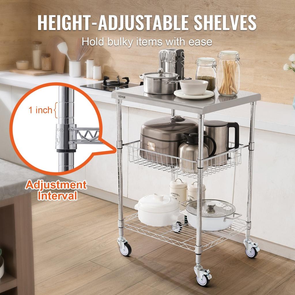Kitchen Utility Cart, 3 Tiers, Wire Rolling Cart with 470LBS Capacity, Steel Service Cart On Wheels, Metal Storage Trolley with 76mm Basket Curved