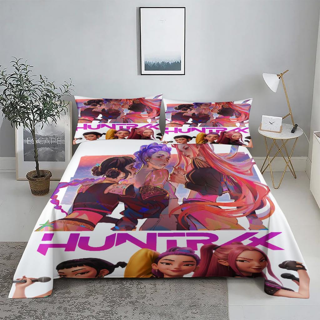 Golden Demon Hunters K-pop Bed Sheet Set 3D Printed Bed Flat Sheet With Pillowcase Bed Linen King Queen Size
