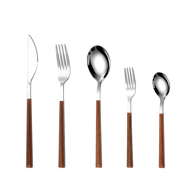 Islandqi Stainless Steel Cutlery Set: Korean-Style Wood Grain Handle Knife, Fork, and Spoon for Creative Dining.