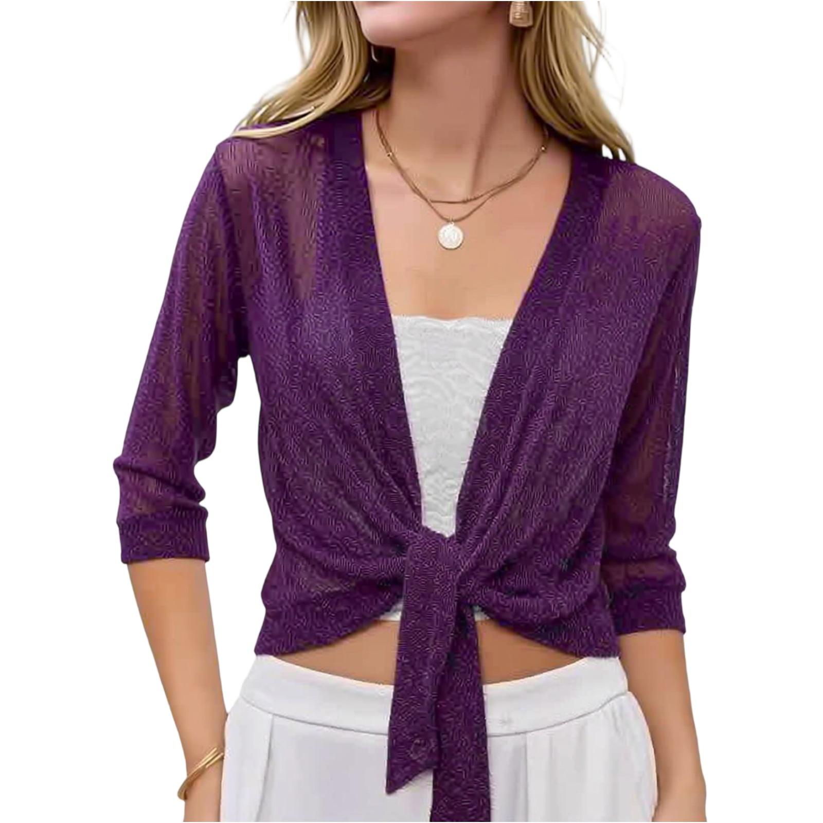 Master key Dames Sheer Mesh Open Voorkant Strik Taille Cropped Vest Driekwart Mouw Lichtgewicht Gebreide Top S