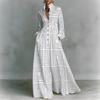 Women's Tiered Boho Maxi Dress Long Sleeve Button Front Lace Trim Loose Vacation Long Dress