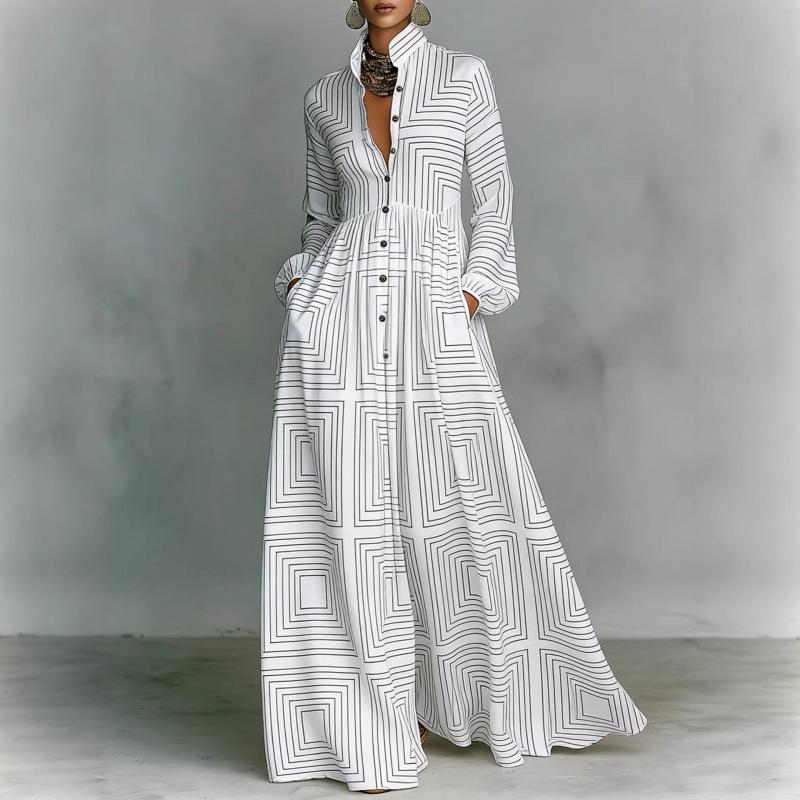 Women's Tiered Boho Maxi Dress Long Sleeve Button Front Lace Trim Loose Vacation Long Dress