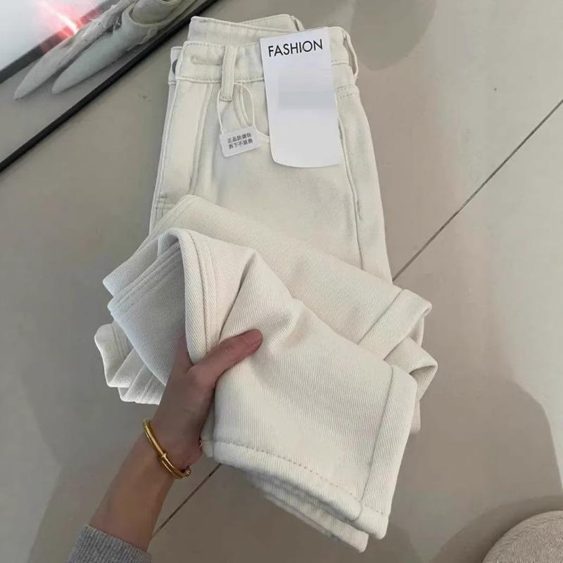 Fleece white jeans for women, winter new high-waisted loose and thin versatile straight tube drape pants