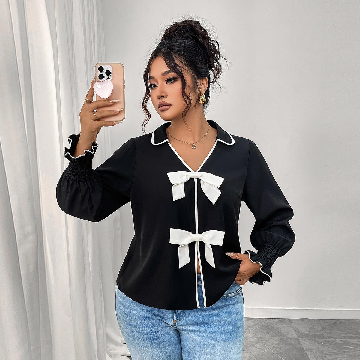 

Новое короткое пальто с воротником поло и топом с бантом 4XL чёрный