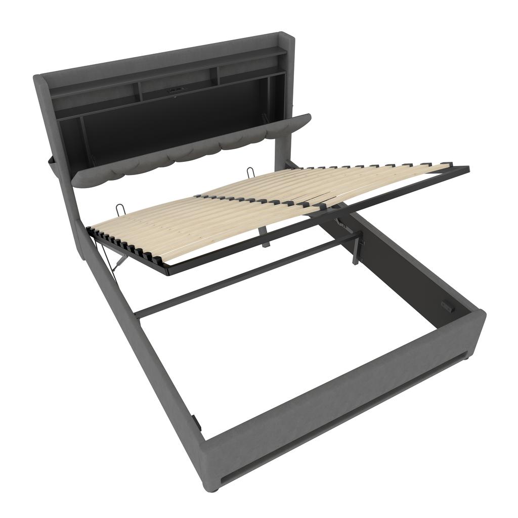140 X 200cm Upholstered Bed Frame with LED Lighting, USB Type-C Charging and Under-Bed Storage, Hydraulic Storage Bed Frame, Grey, No Mattress