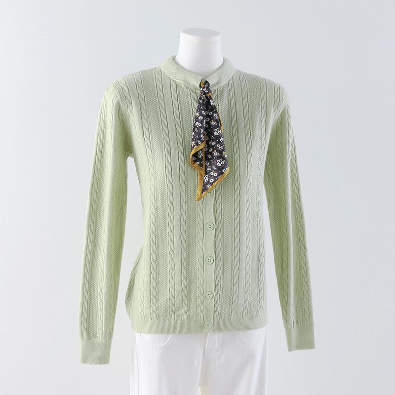 Korean Style Silk Scarf Knit Cardigan Round Neck Cable Knit Slimming Sweater with Gentle Temperament and Long Sleeves for Autumn and Winter One Size 2830₽