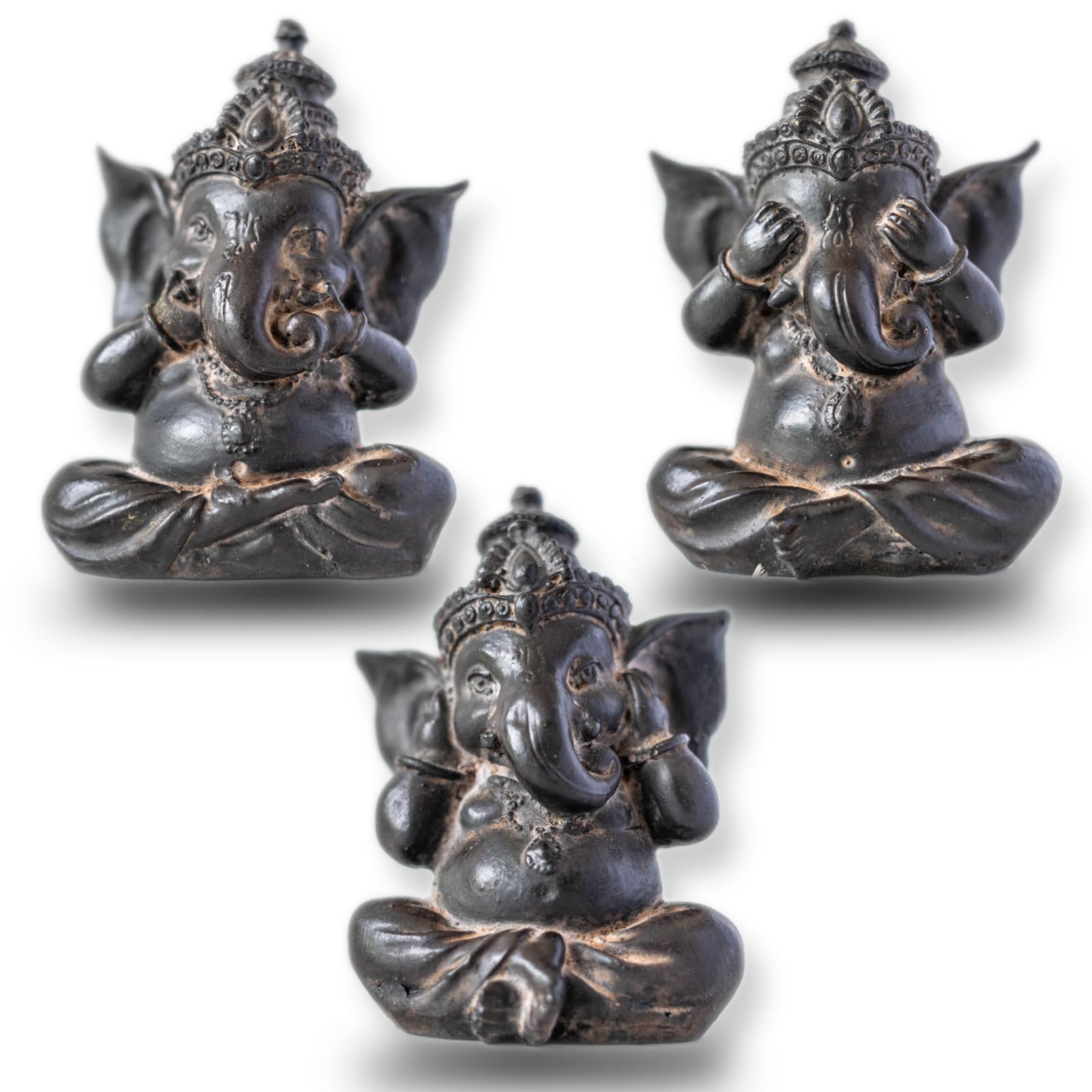 

Set of 3 Ganesha Statues: See-No-See, Hear-No-Speak, and Speak-No Ganesha. Small Ganesha Figurines. Hindu God. Product Code: 54147