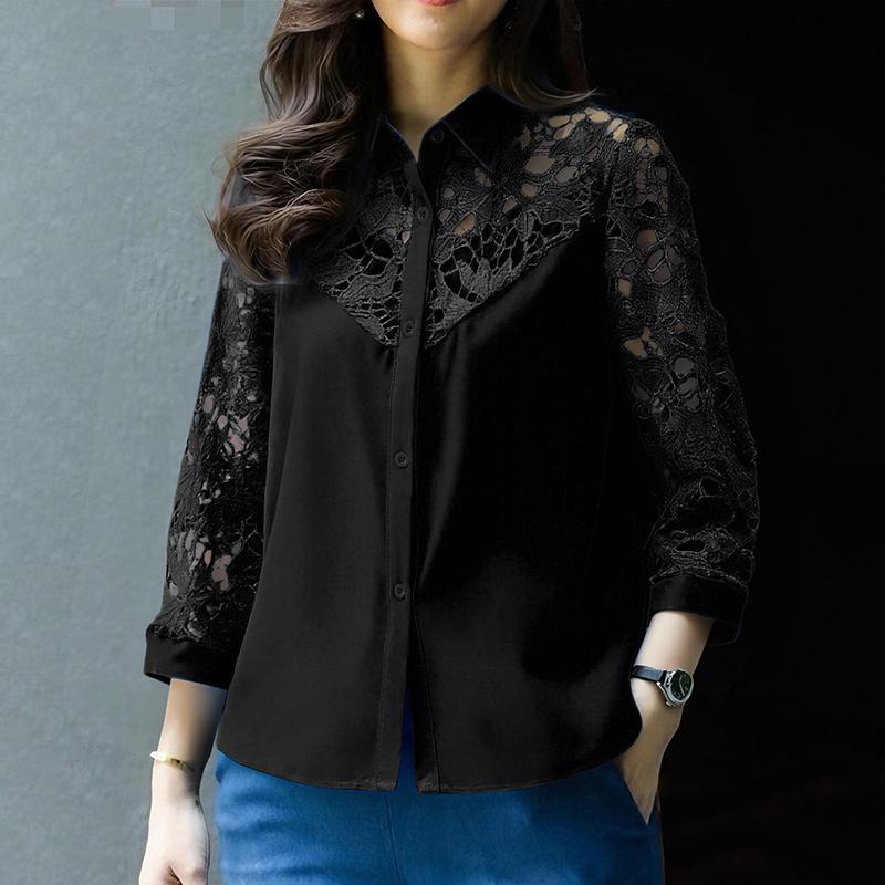 

ZANZEA Женская повседневная блузка с отложным воротником, ажурной вставкой, рукавом 3/4 2XL чёрный