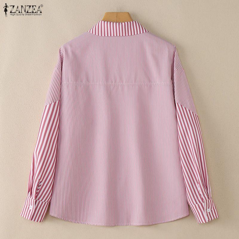 ZANZEA Women Casual Turn Down Collar Long Sleeve Loose Stripe Blouse