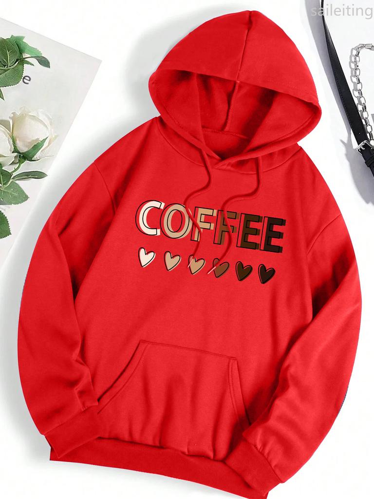 Love Coffee Funny Letter Graphic Printing Hoody Woman Fashion Sweatshirt Casual Kangaroo Pocket Hooded Autumn Clothing