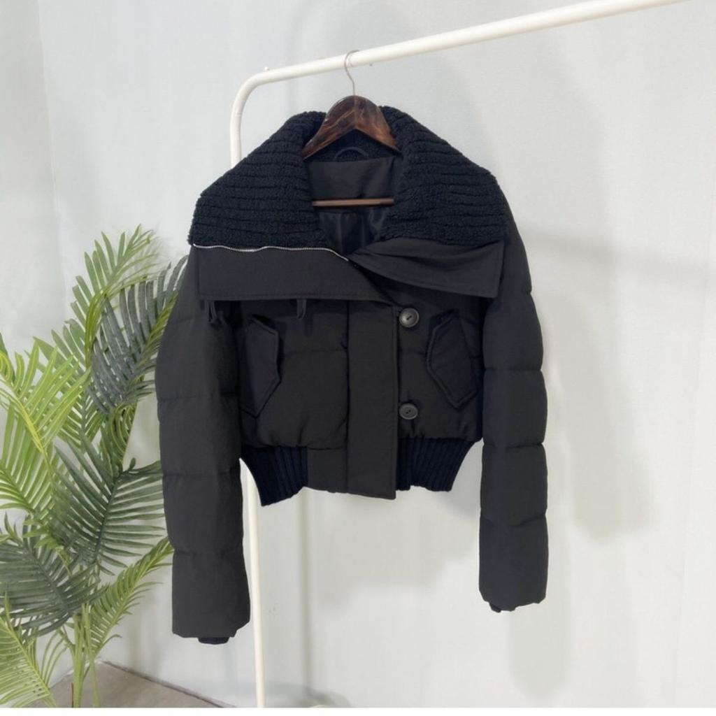 New casual cotton clothes women's short high waist design sense lamb wool large lapel fashion small warm tide