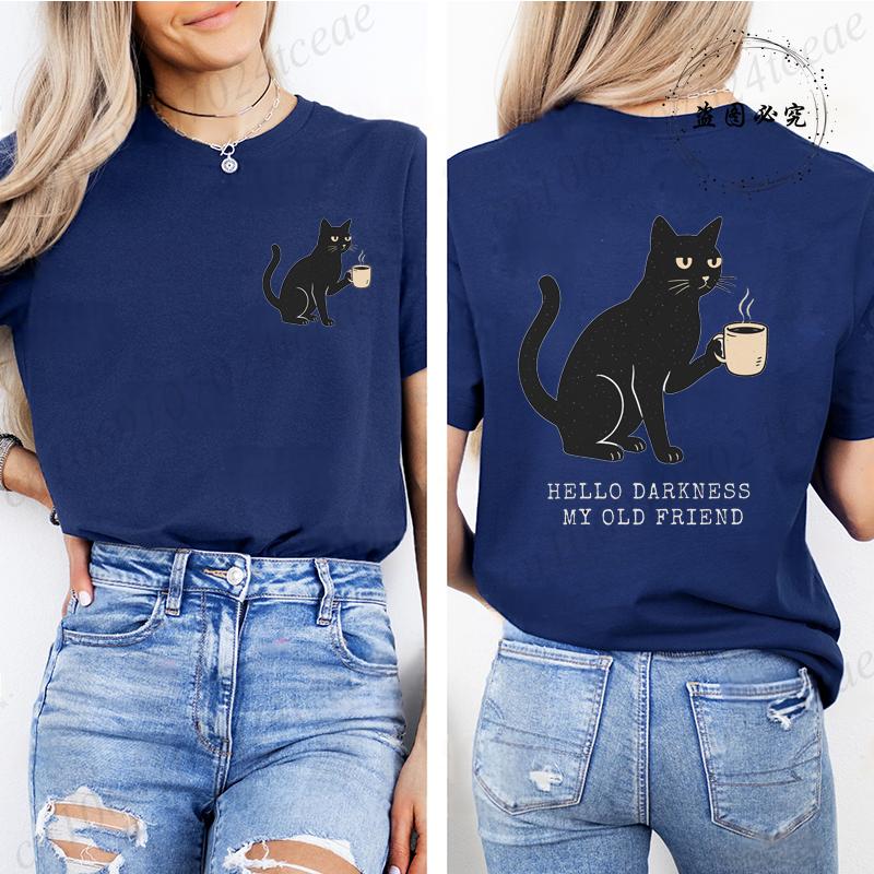 

Loose Graphic Hello Darkness Funny Black Cat Print TShirt Short Sleeve Crew Neck Casual Top for Summer Halloween Women Clothing S