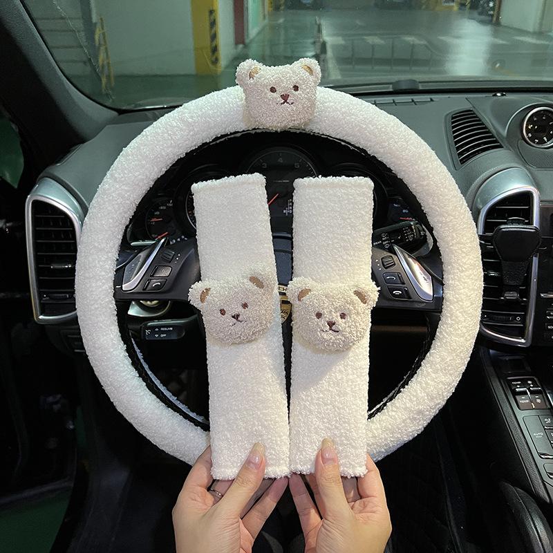 Cute Cartoon Bear Universal Car Steering Wheel Cover Winter Warm Faux lamb Plush Car Wheel Protector Decoration Women Girls