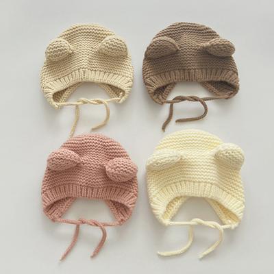 Roztomilá dětská čepice s medvědími oušky, pletená, s ochranou uší, dětská teplá vlněná čepice