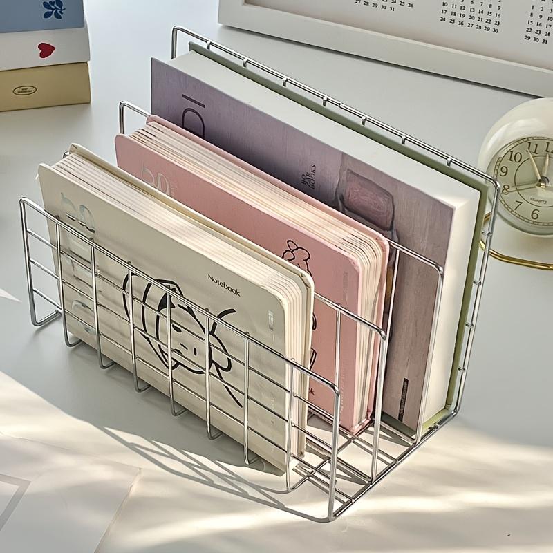 Nordic‑Style 3‑Tier Metal Silver Bookshelf with Storage Baskets, 10‑Grid Desktop Organizer for Books & Magazines