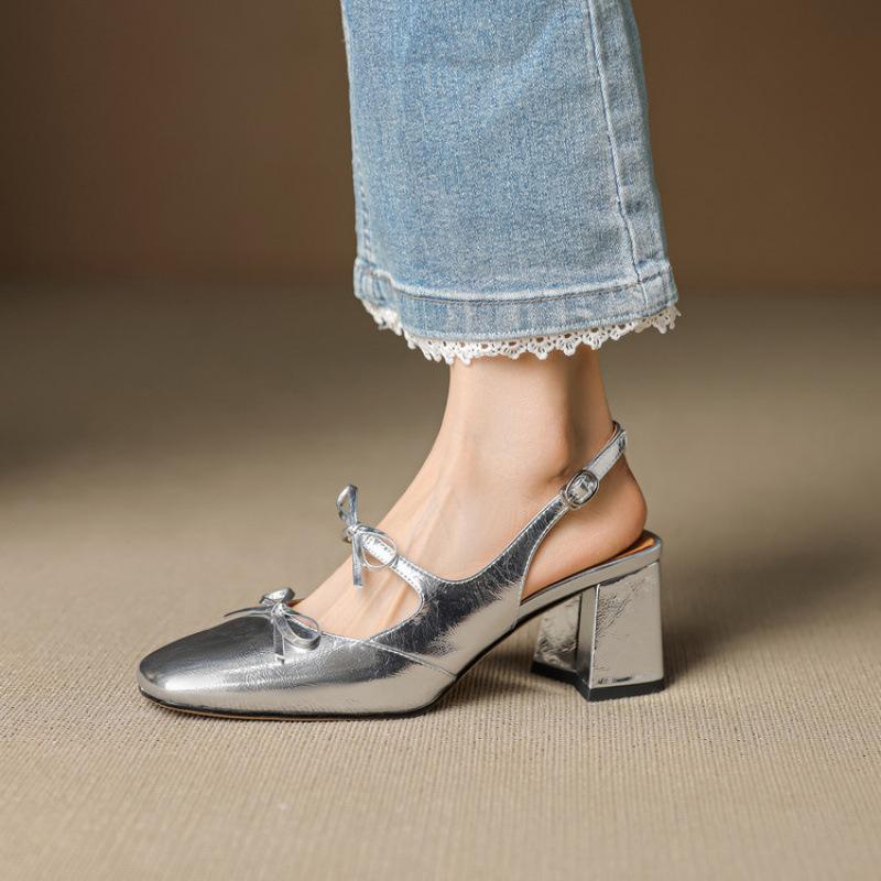 

New large-size high-heeled sandals summer leather baotou sandals casual patent leather beef tendon soft sole rear empty sandals square heel 40