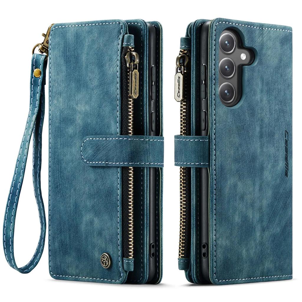 For Samsung Galaxy S24 FE Case, Wallet Case for Women Men, Durable PU Leather Magnetic Flip Strap Wristlet Zipper Card Holder
