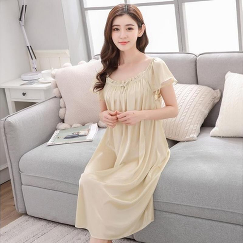Long Nightdress Short Sleeve Loose Sleepswear New Hot Sexy Summer Womens Solid Color Sleepshirt Home Clothing Lace Ice Silk