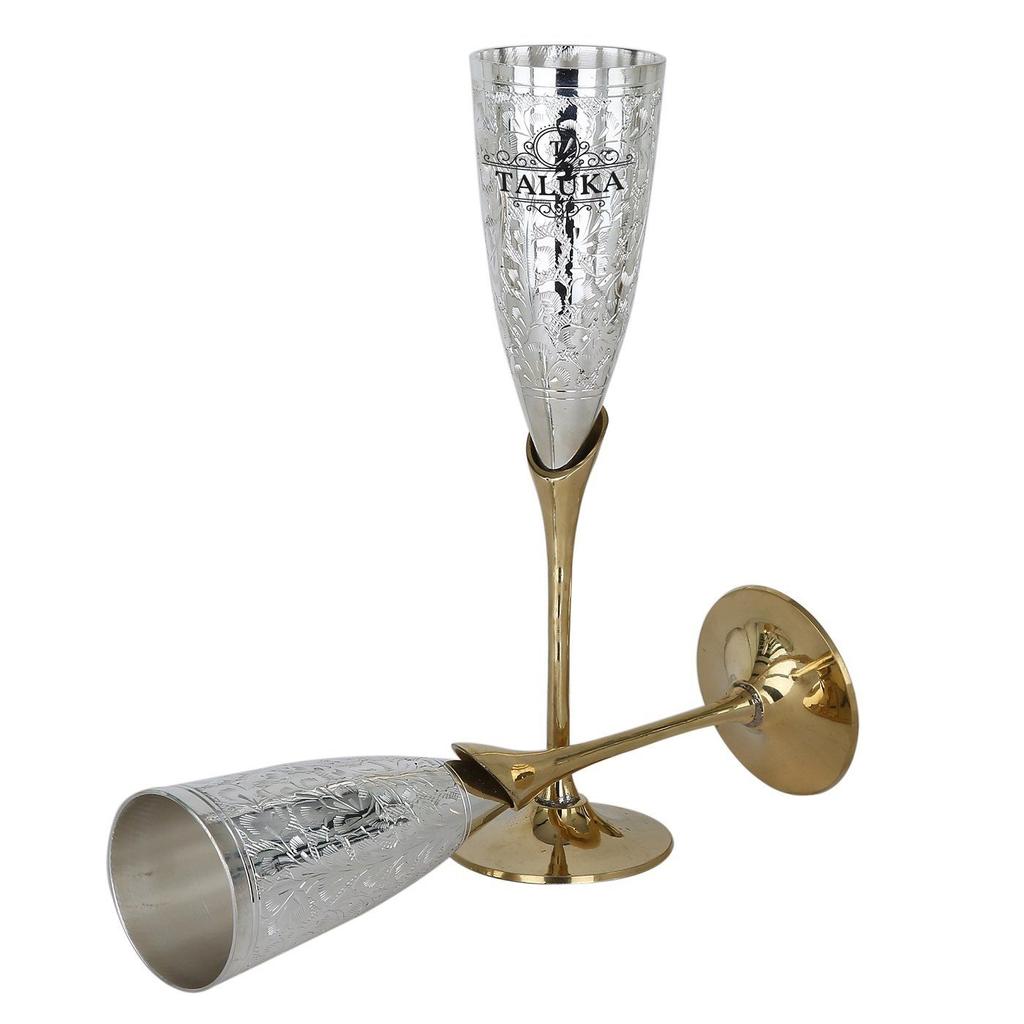 Handmade Engraved Silver Plated Brass Wine Glass Set Champagne Glass Flute Design | for Champagne Wine Goblet Glass