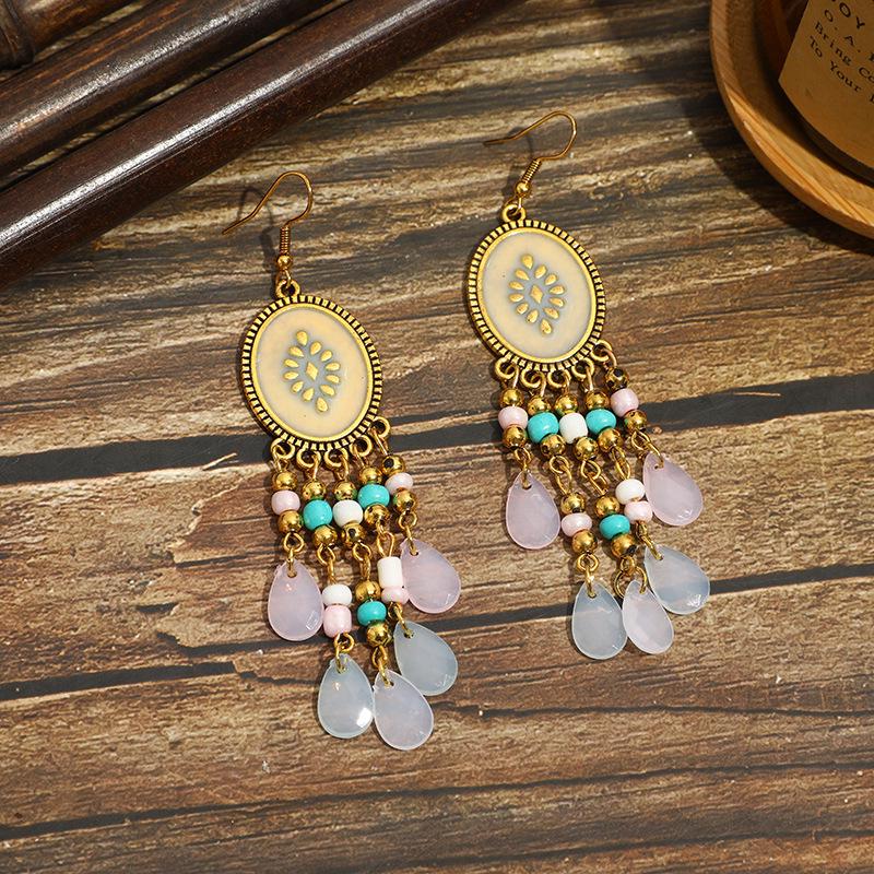 Bohemian Cross-Border Handmade Water Drop Rice Bead Tassel Earrings for Travel Photography