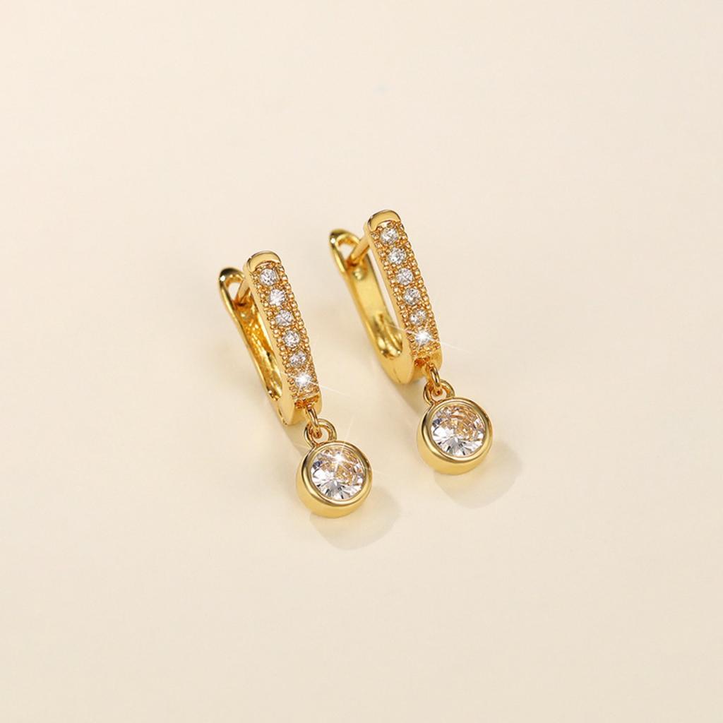 Partial Paved U Shape Huggie Hoop with Single Drop Round Stone Dangle Earrings Women Ear Jewelry