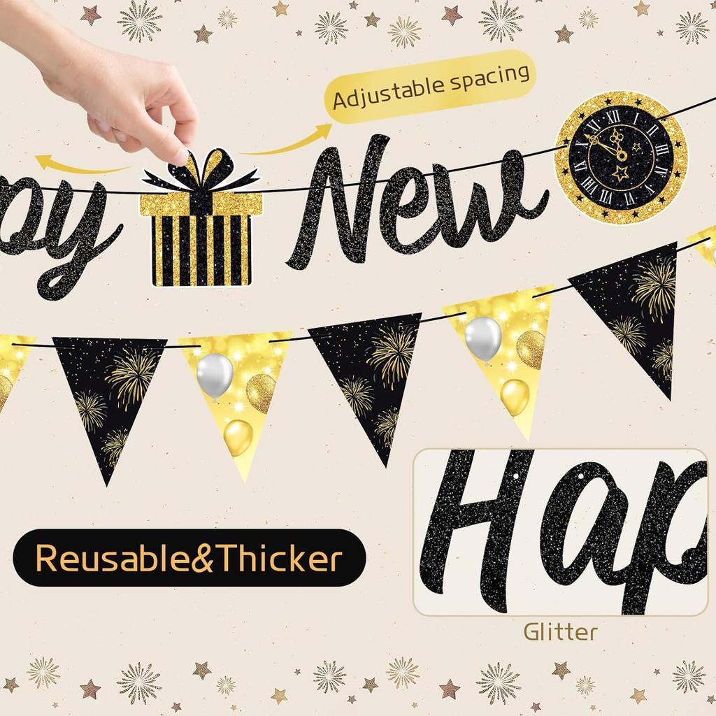 Happy New Year 2026 Banner Black Glitte Pre-Assembled New Years Eve Sign Garland Banner for 2026 NYE Party Supplies Decorations Holiday Home Hanging
